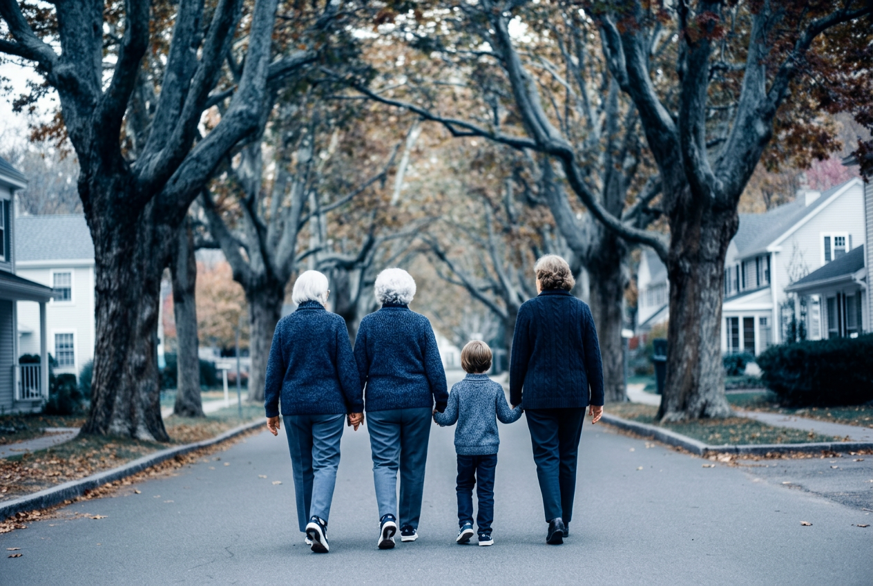Three generations of a family walking together on a tree-lined street