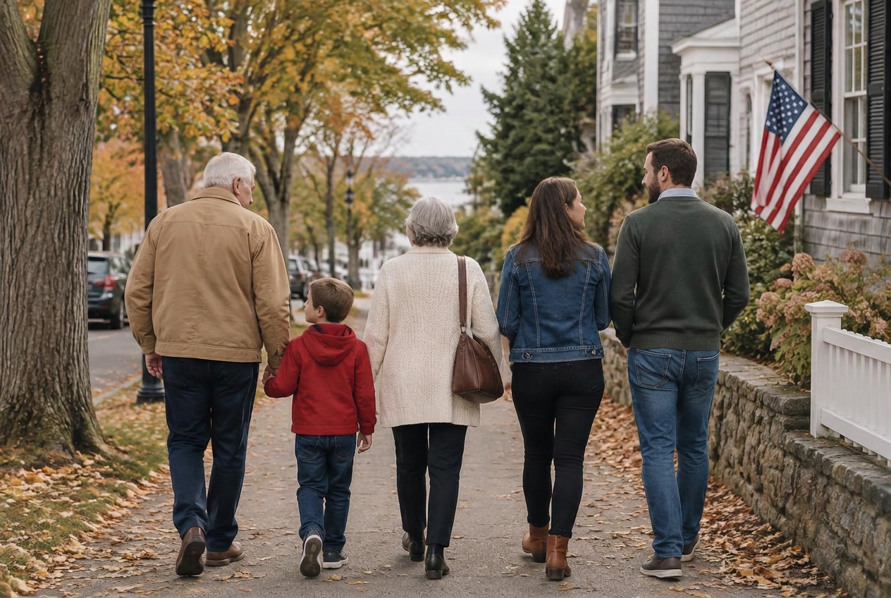 Three generations of a family walking together down a tree-lined New England street in autumn